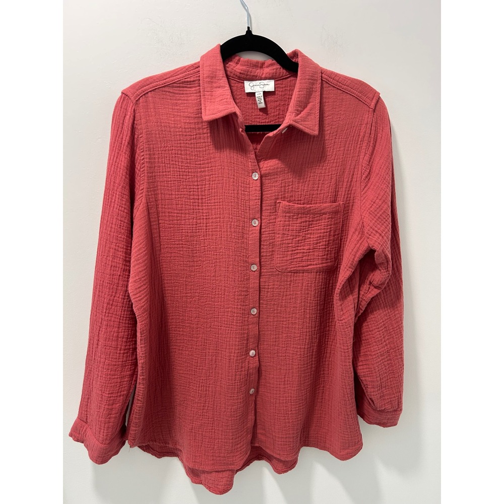 Jessica Simpson Women Coral Pink Cotton Gauze Button Down Shirt Small L/S